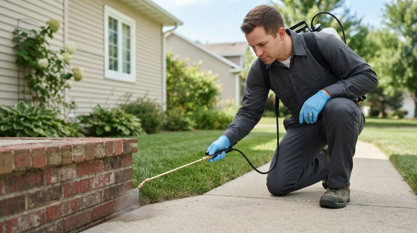 Pest control technician treating a home near Canova, SD